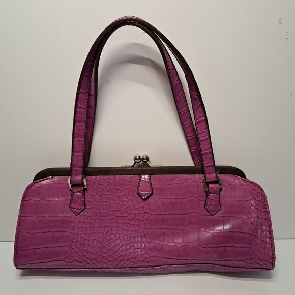 Chinese Laundry Clutch 2 Handle Hot Pink Faux Croc Green Lining Kiss Lock - Picture 12 of 12